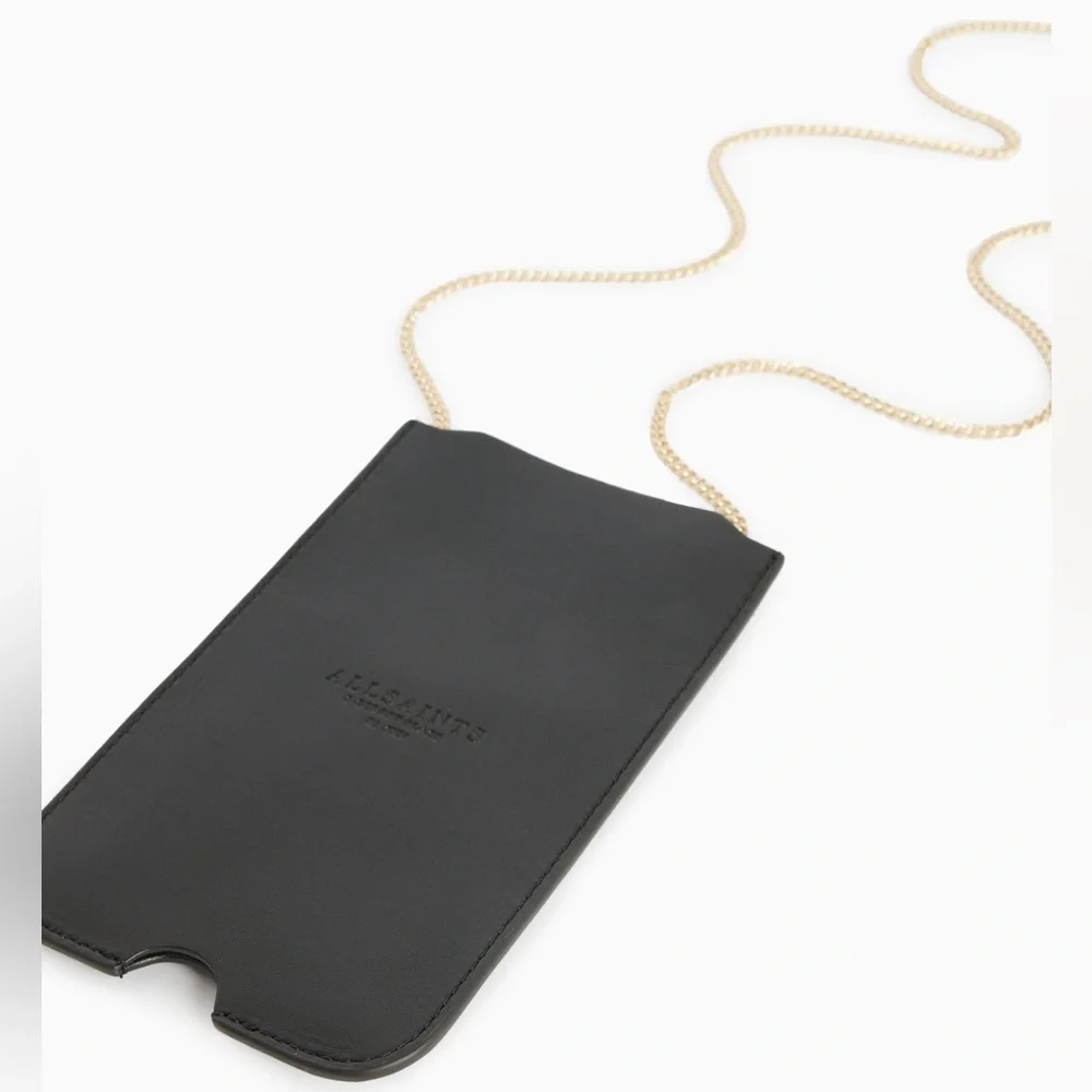 All Saints Black Leather Crossbody Phone Pouch with Gold Chain